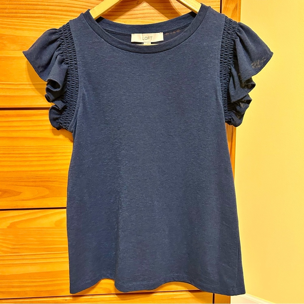 Loft Navy Ruffle Sleeve Shirt Size S